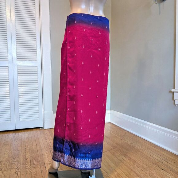 Vintage 90s Thai Silk by Apple Wrap Skirt Red Blue Filigree Ombre - Picture 2 of 9